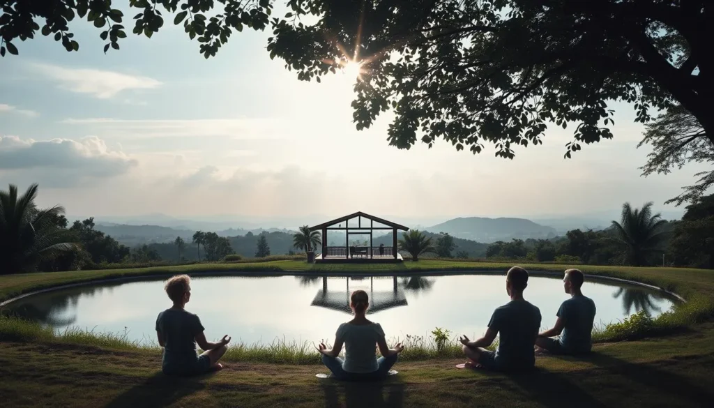 Pessoas praticando meditação ao ar livre em ambiente tranquilo