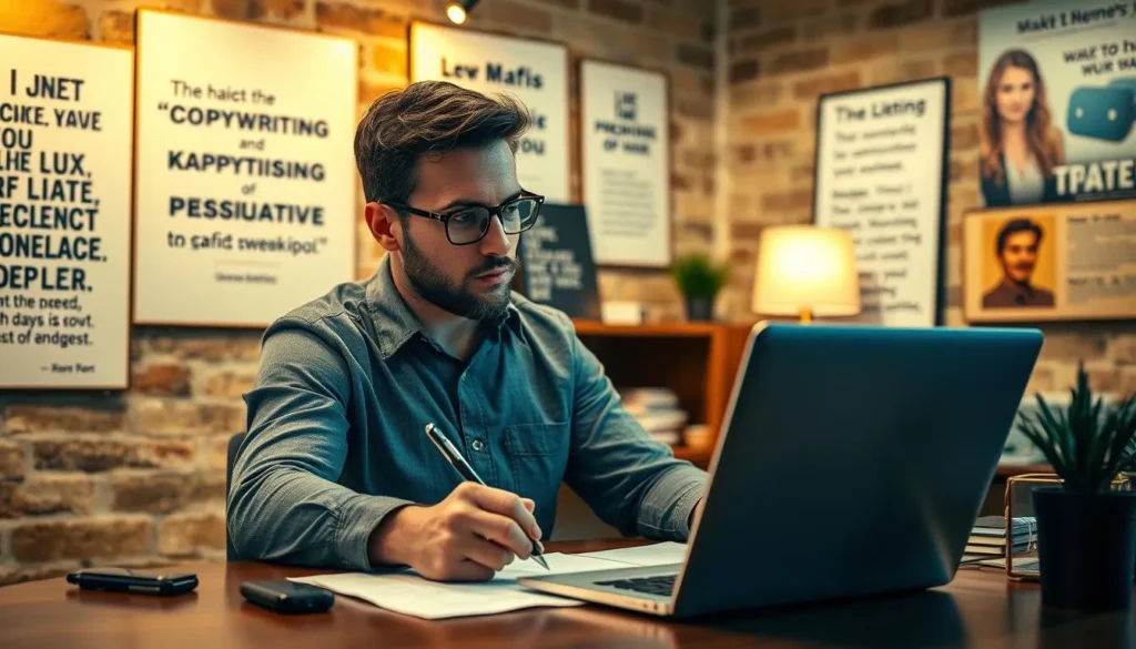 Profissional escrevendo copywriting persuasivo em notebook