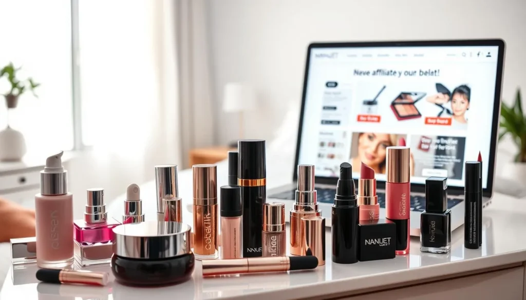 Produtos de manicure e beleza com notebook ao fundo