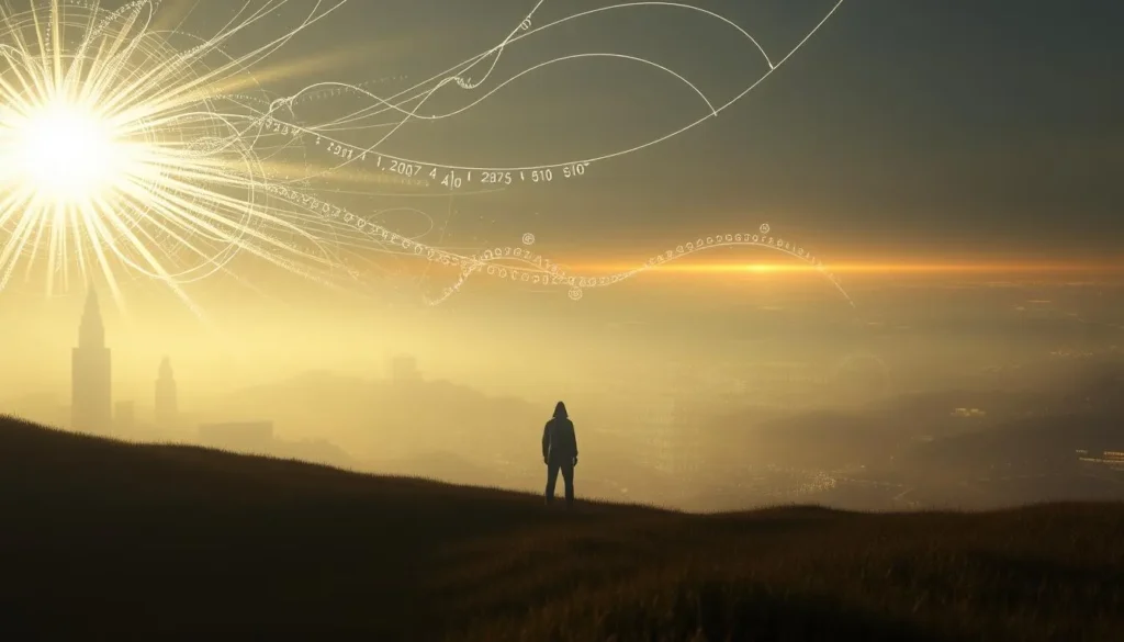 Pessoa observando horizonte com elementos visuais representando gatilhos mentais