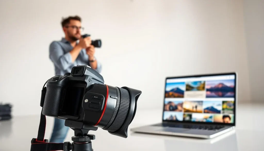 Câmera profissional fotografando imagens digitais com fotógrafo e notebook