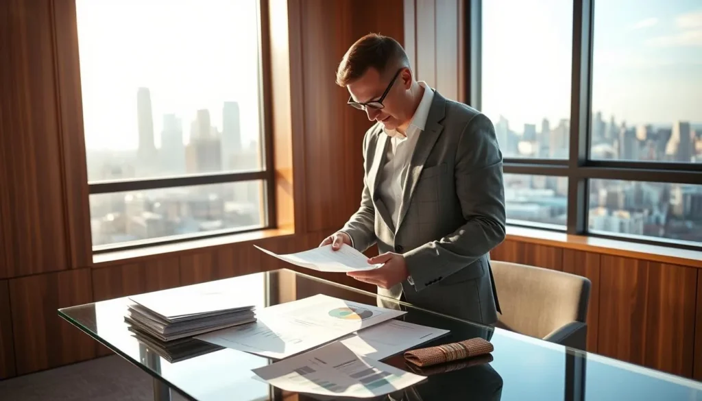 Homem analisando documentos financeiros em escritório com vista da cidade