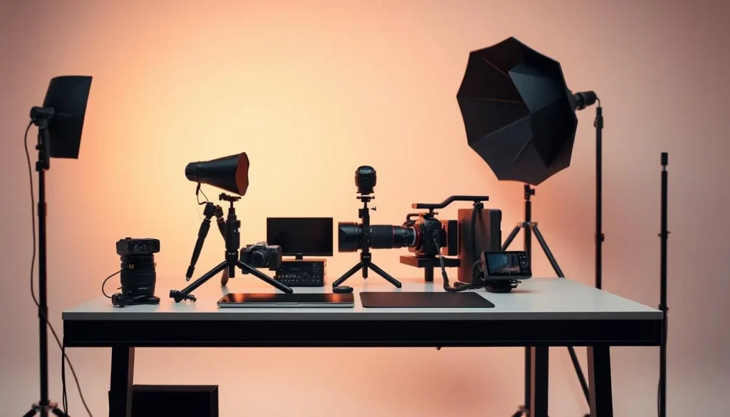 Equipamentos de gravação com câmeras, iluminação e tripés em estúdio