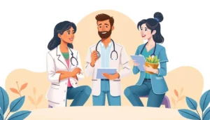Ilustração de profissionais da saúde reunidos, representando crescimento, atendimento e marketing para clínicas e consultórios.