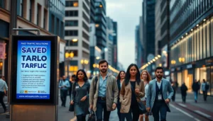 Anúncio de tráfego pago em uma área urbana movimentada, representando estratégias de marketing digital para atrair mais pessoas para serviços de saúde.
