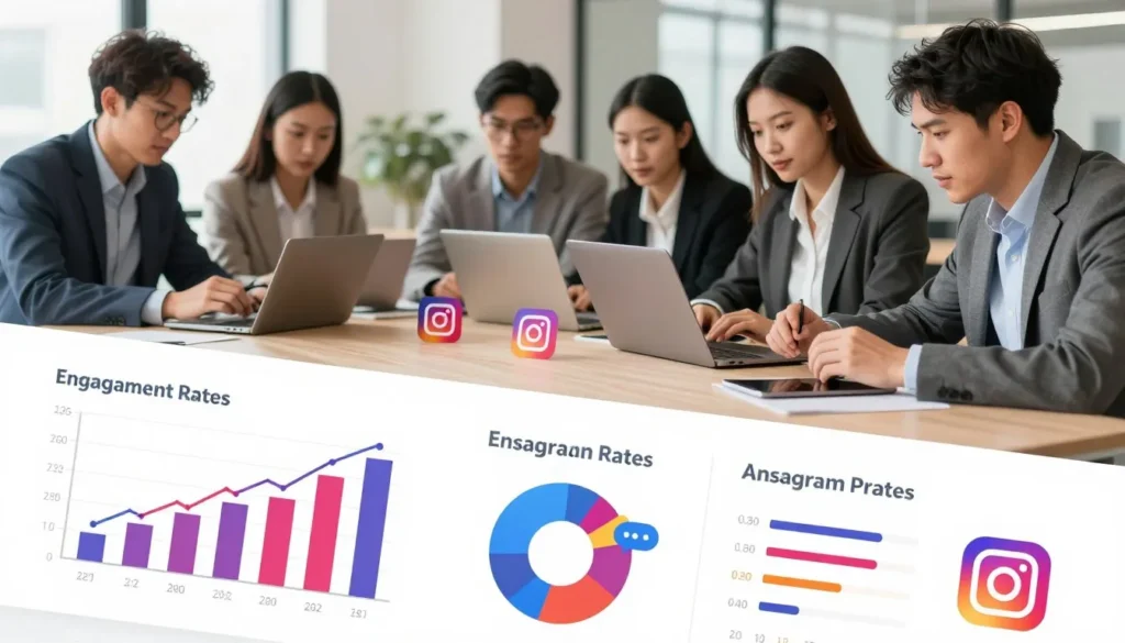Equipe analisando métricas de tráfego pago no Instagram em notebooks