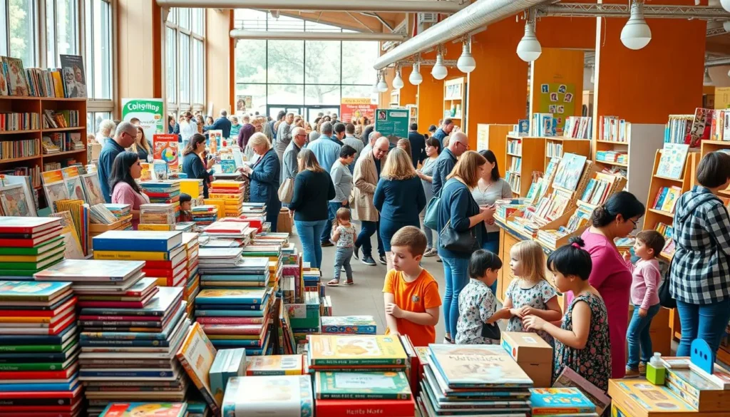 Crianças e famílias em ambiente de educação infantil com livros