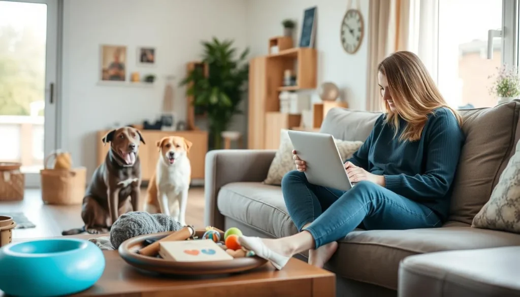 Mulher usando tablet em casa com cães, cuidados veterinários