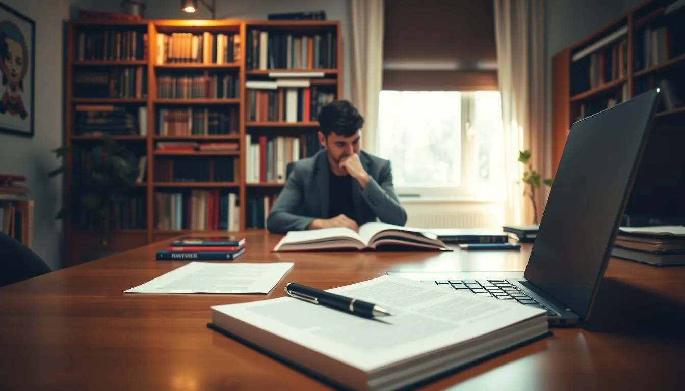 Pessoa estudando estrat&eacute;gias de escrita persuasiva para afiliados em ambiente de trabalho.