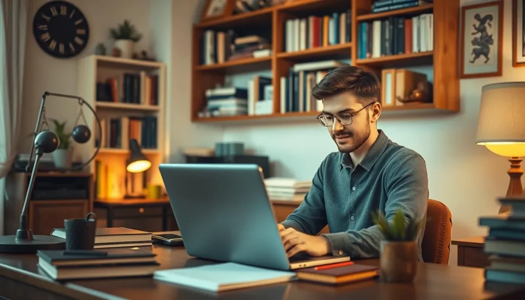 Redatores freelancers trabalhando em casa no computador com ambiente organizado e produtivo