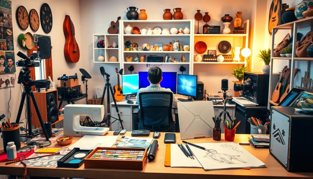 Espaço criativo com hobby de arte, música e produção digital em ambiente organizado
