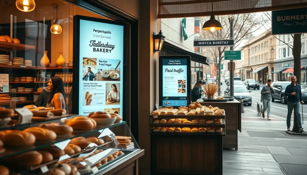 Padaria com pães expostos e painel digital de ofertas