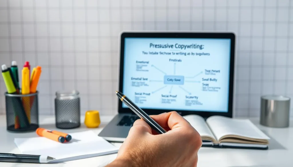 Pessoa escrevendo com foco em linguagem persuasiva no computador