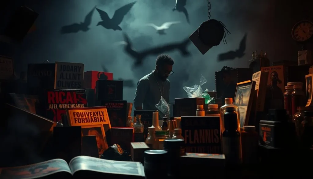 Ambiente escuro com produtos diversos e atmosfera polêmica