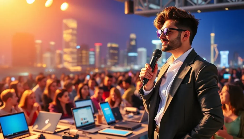 Influenciador falando para público em evento ao ar livre
