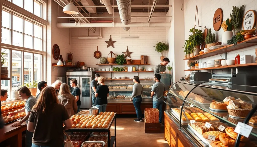 Interior de padarias com pessoas comprando pães frescos e ambiente aconchegante