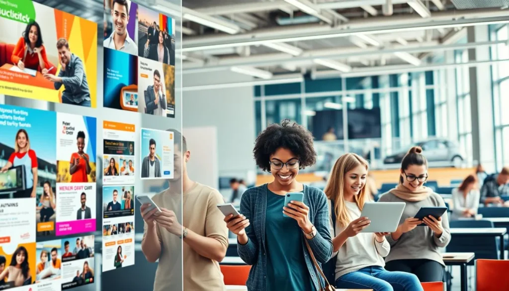 Novos alunos utilizando dispositivos digitais em ambiente educacional moderno