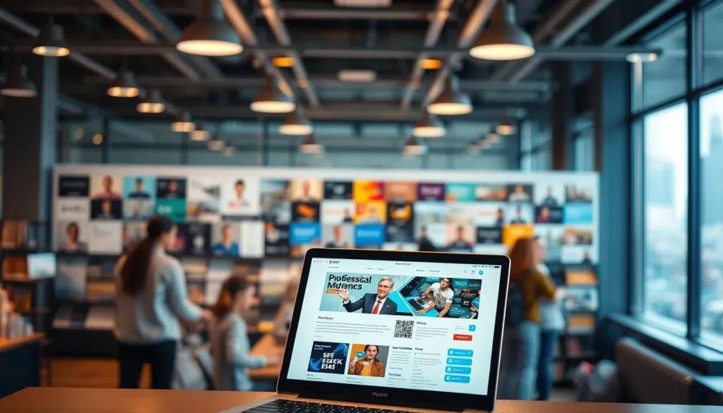 Cursos profissionalizantes exibidos em plataforma online com ambiente educacional moderno