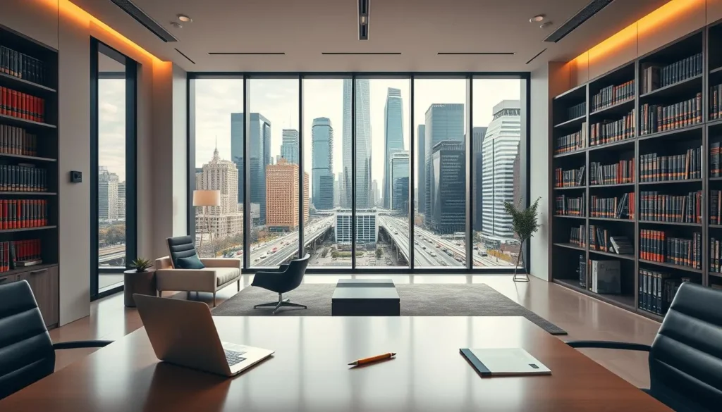 Escritório de advocacia modernos com sala ampla e vista para a cidade