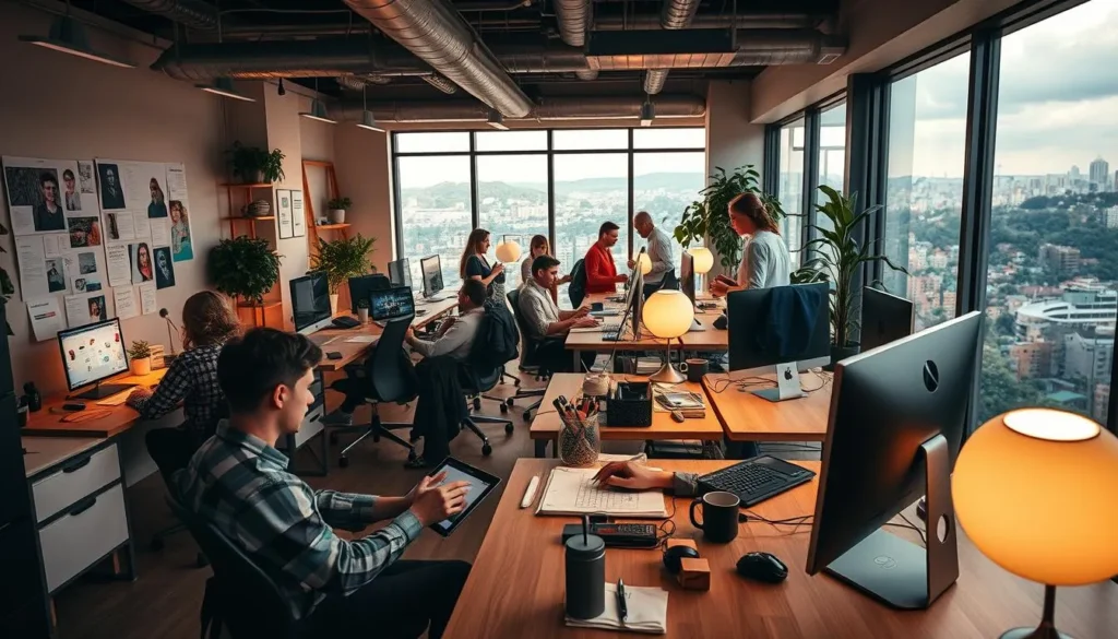 Equipe de designers gráficos trabalhando em escritório criativo moderno