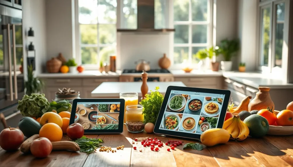 Receitas saudáveis com alimentos naturais e preparo digital em tablets