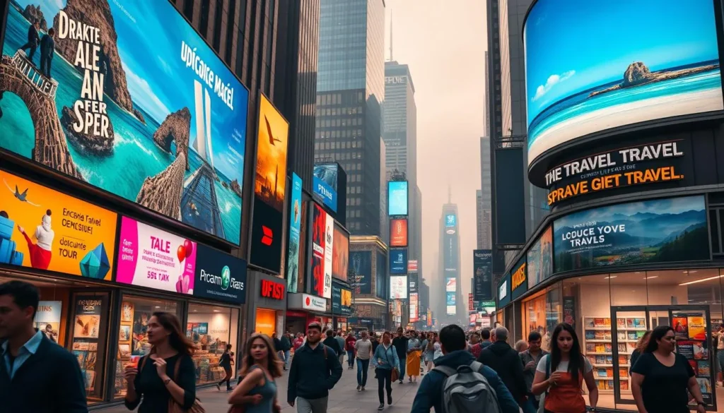 Centro urbano com painéis digitais exibindo anúncios de viagens e turismo