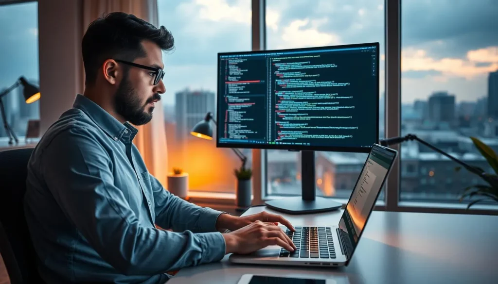 Programador trabalhando em código no notebook com monitor externo