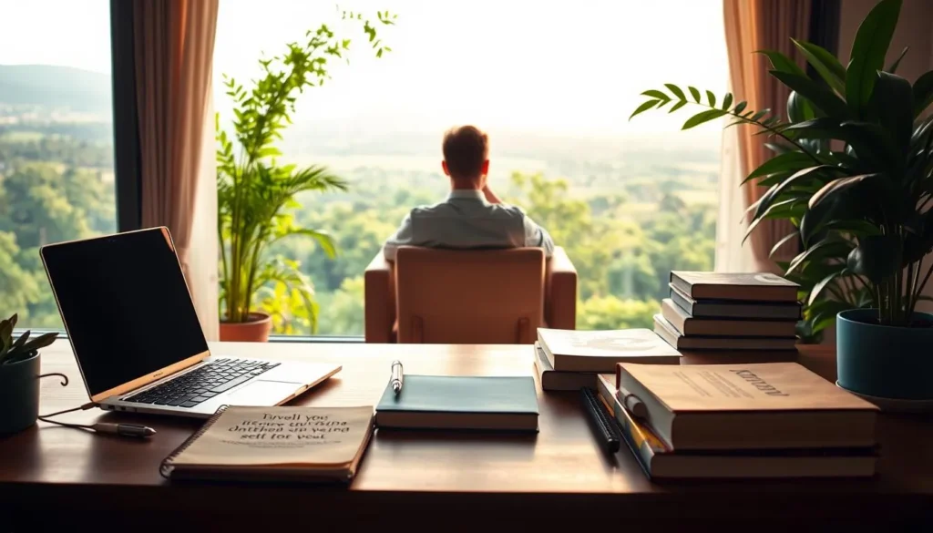 Desenvolvimento pessoal com ambiente de estudo e reflexão em espaço tranquilo