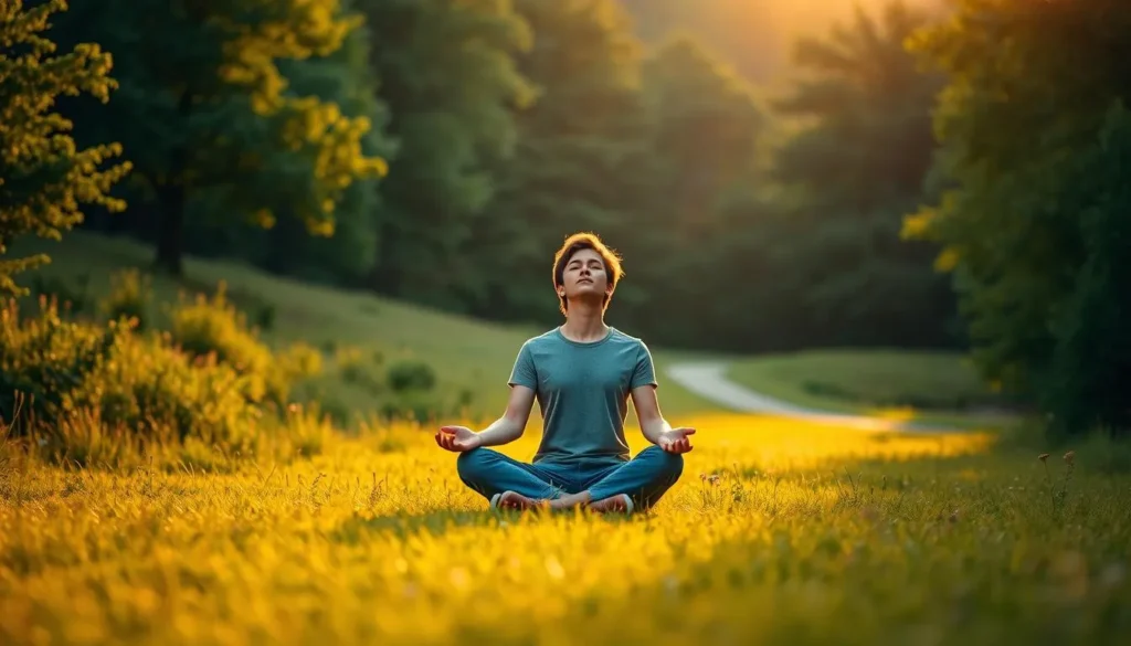 Pessoa meditando ao ar livre em meio à natureza durante o pôr do sol