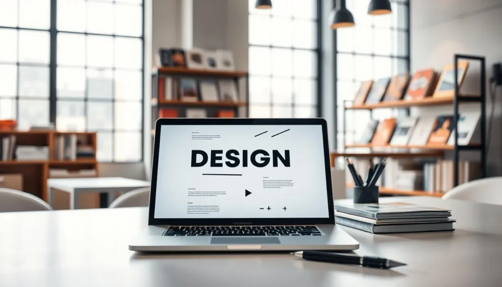 Notebook exibindo projeto de design em ambiente de trabalho