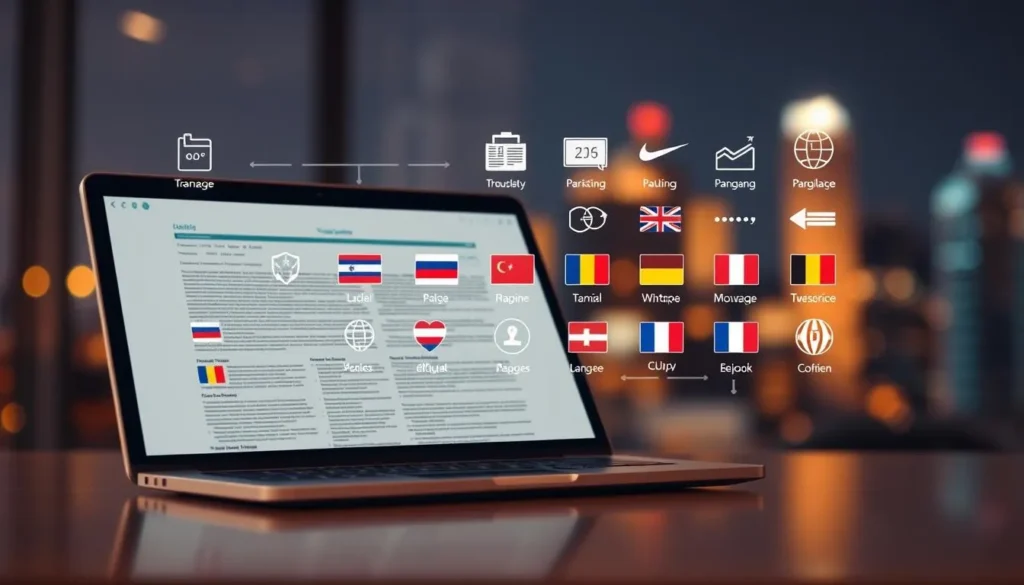 Notebook com palavras e elementos de marketing digital na tela