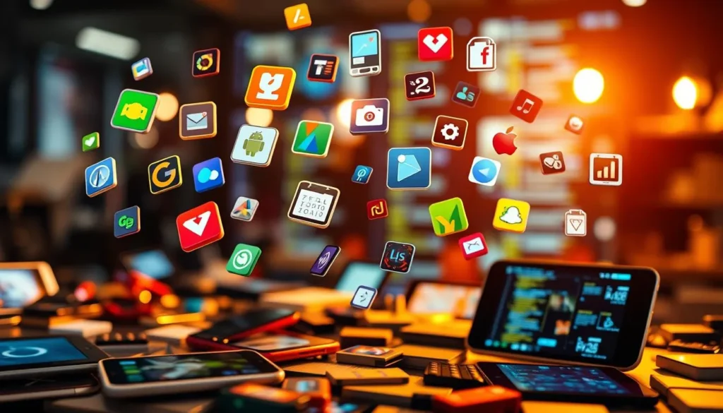 Ícones de jogos mobile e aplicativos digitais em dispositivos