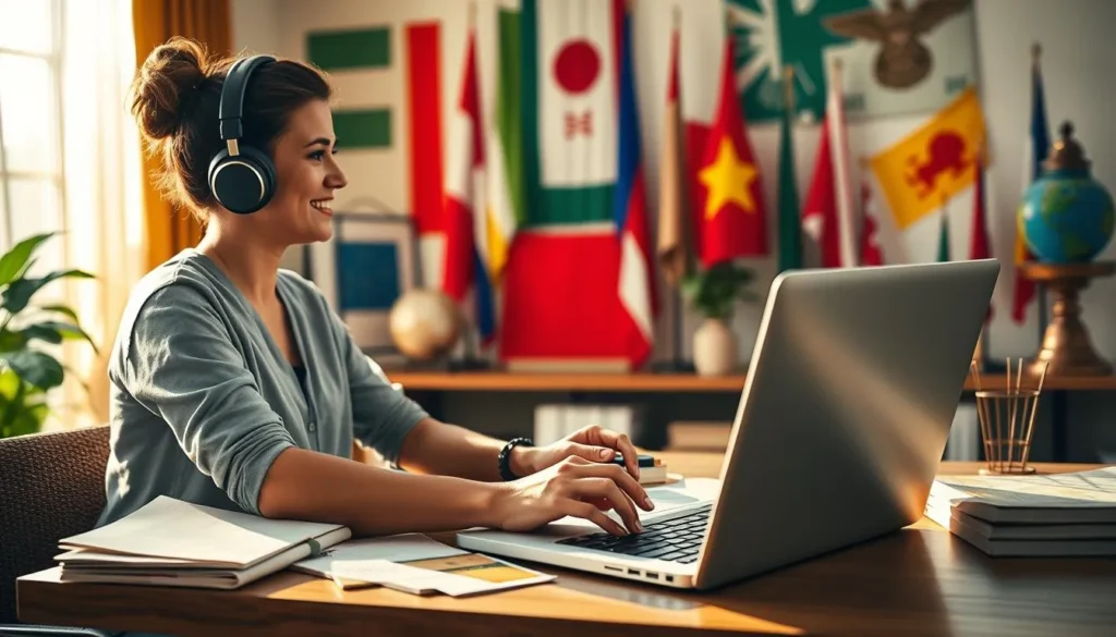 Pessoa estudando idiomas no computador com bandeiras de vários países ao fundo