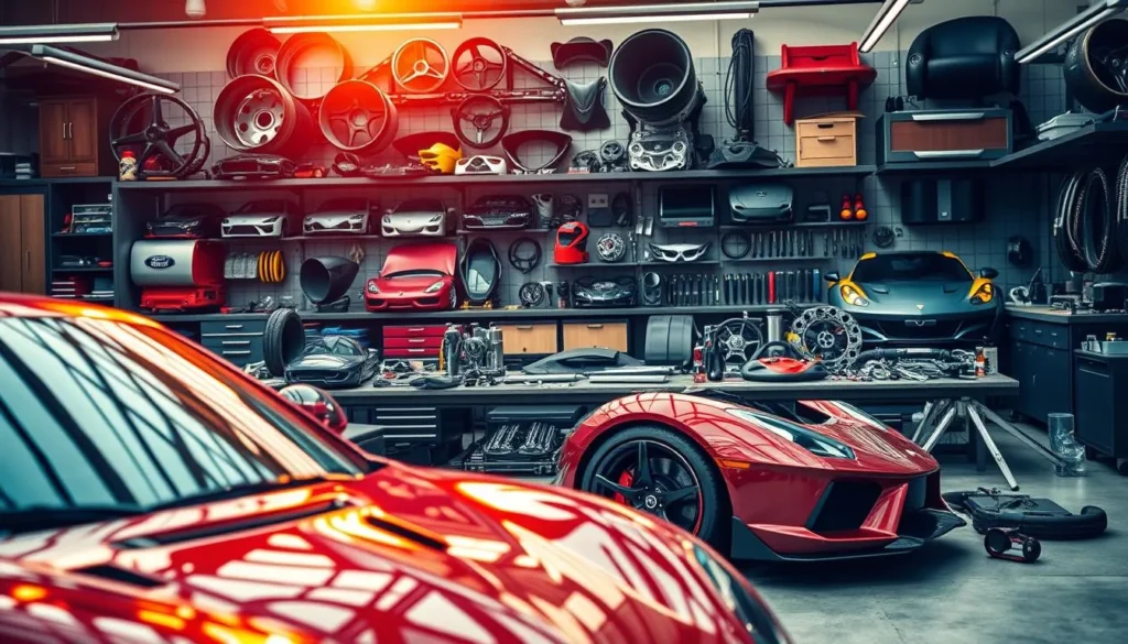 Oficina moderna com carros esportivos e peças automotivas