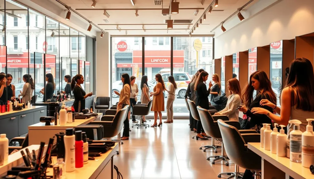 Salão de beleza moderno com clientes e profissionais atendendo