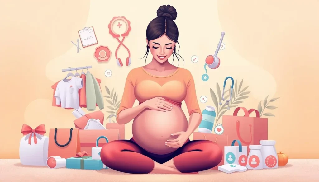 Gestante cercada por produtos para bebê e maternidade