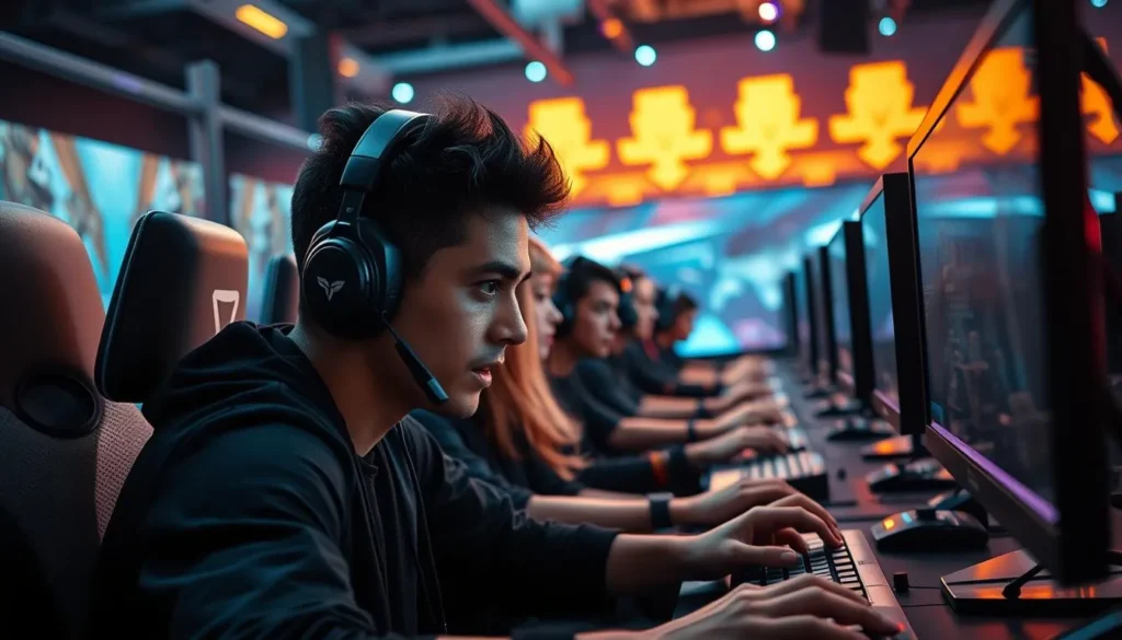 Jogadores competindo em ambiente de eSports com computadores