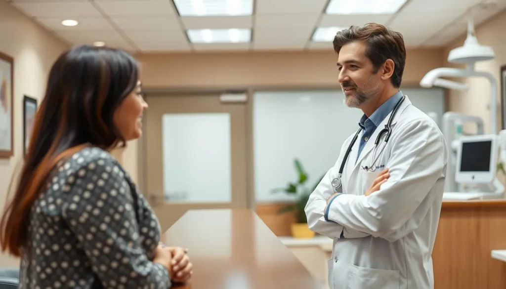 Atendimento em consultórios médicos com paciente conversando com profissional de saúde