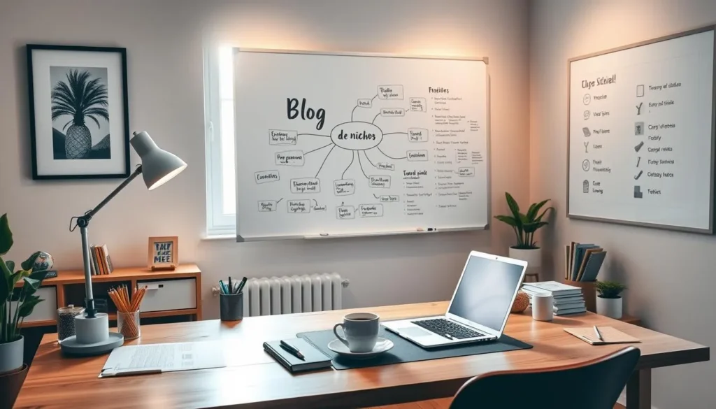 Planejamento de blog de nicho com ideias organizadas em quadro estratégico de conteúdo