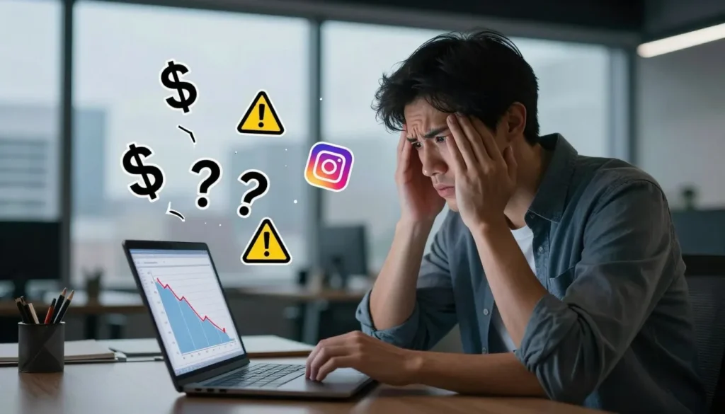 Pessoa com dificuldades no tráfego pago no Instagram analisando queda