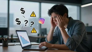 Pessoa com dificuldades no tráfego pago no Instagram analisando queda