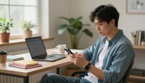 Pessoa trabalhando online pelo celular em casa com notebook