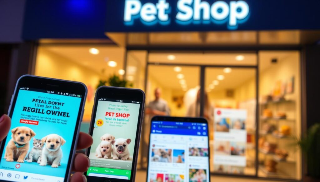 Anúncios digitais em celulares promovendo serviços de tráfego pago para pet shops.