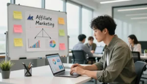 Pessoa trabalhando como afiliado Hotmart com análise de dados