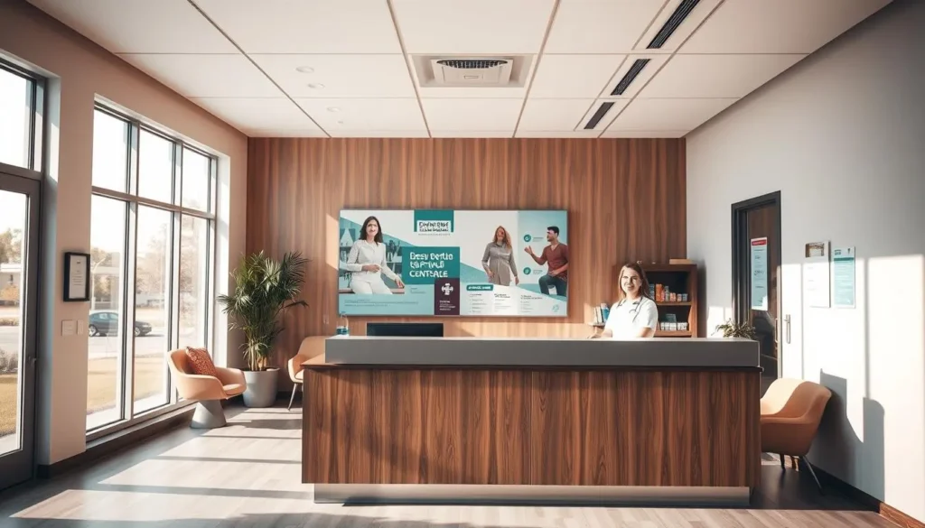 Clínica da área médica com recepção moderna e atendimento profissional