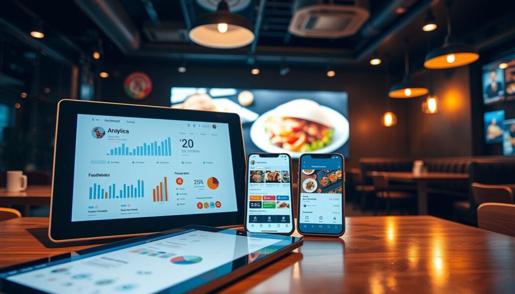 Tablet e celulares exibindo métricas de campanhas de tráfego pago para restaurantes.