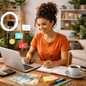 A imagem mostra uma jovem trabalhando em casa de forma organizada e tranquila, usando um notebook enquanto faz anotações, em um ambiente aconchegante com café, materiais de trabalho e dinheiro sobre a mesa, transmitindo a ideia de produtividade, criação de conteúdo e geração de renda pela internet de forma simples e acessível.