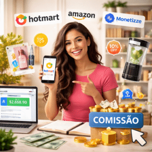 A imagem mostra uma jovem sorridente em um ambiente moderno, utilizando notebook e celular enquanto apresenta uma plataforma digital, cercada por elementos que representam o marketing de afiliados, como produtos, moedas e símbolos de comissão, transmitindo a ideia de ganhos online, promoção de produtos e construção de renda através da internet de forma estratégica e escalável.