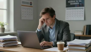 Pessoa trabalhando pela internet com dificuldades no notebook