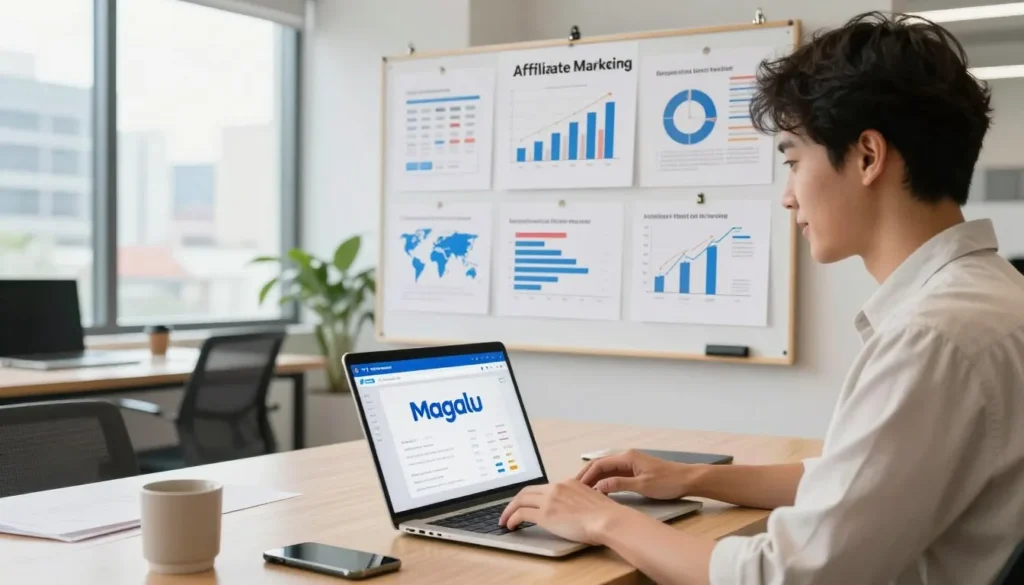 Pessoa trabalhando como afiliado Magalu no notebook